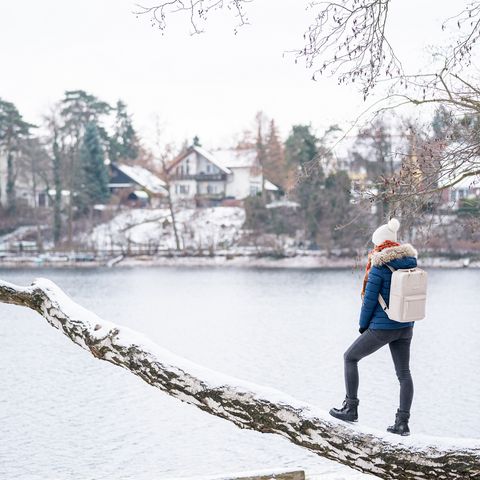 Wanderin steht auf Baumstamm am Straussee im Winter 
