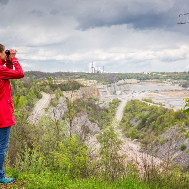 Frau schaut mit Fernglas beim Museumspark Rüdersdorf in die Weite